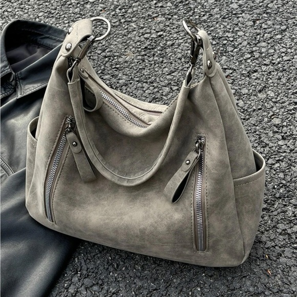 Luxe Grey Zipper Medium Tote Shoulder Bag - Picture 10 of 10